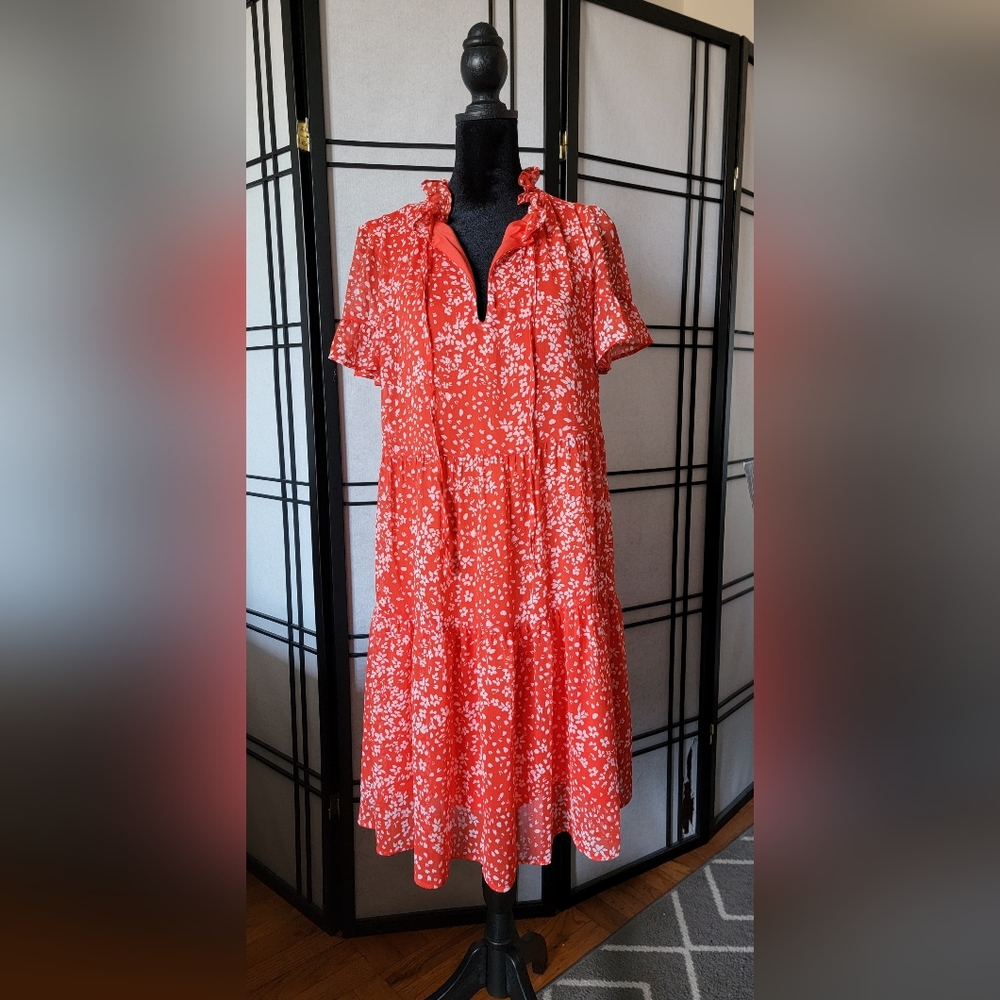 DKNY Women's Dress Red and White Floral Print